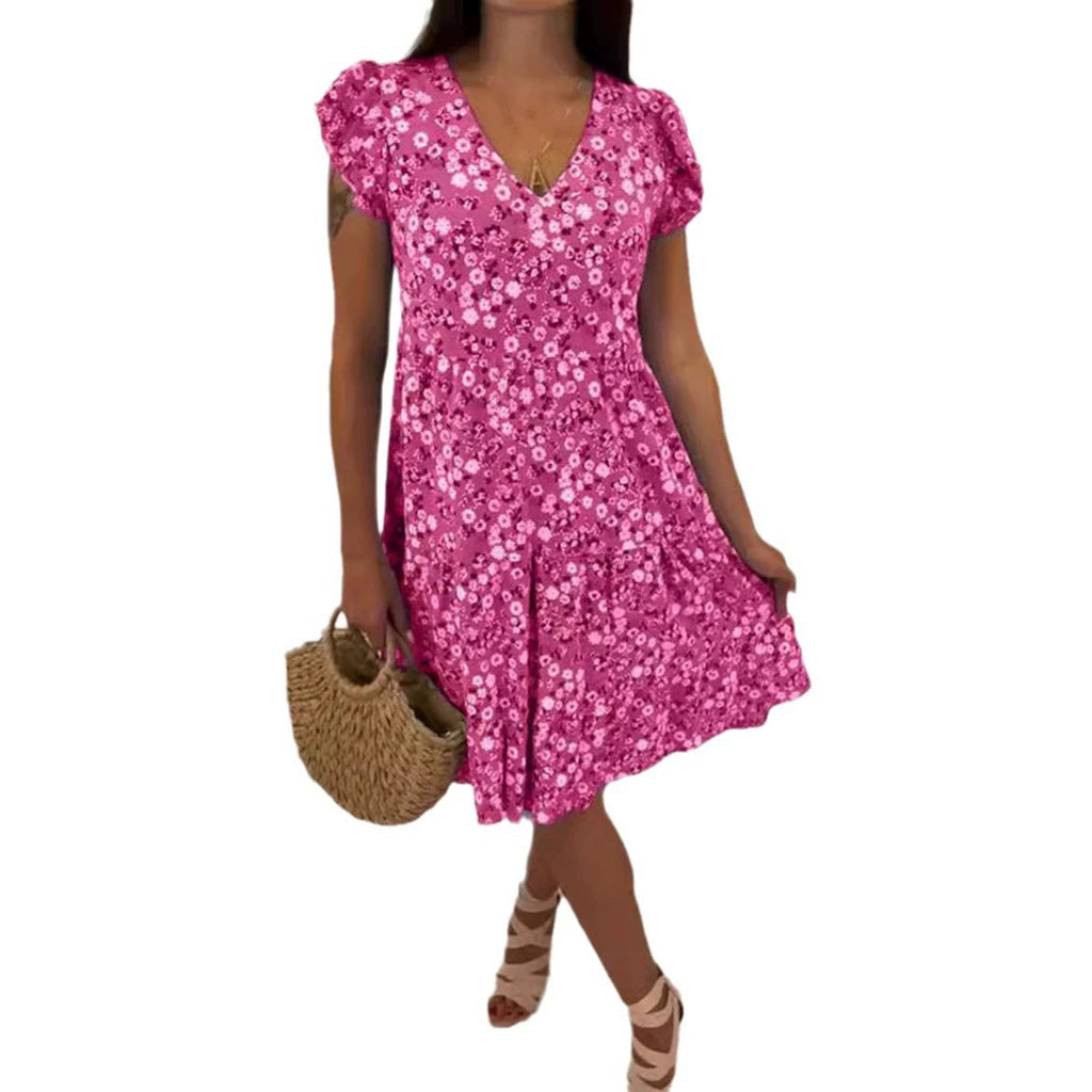 Damen Sommerliches Blütenmuster Kleid mit V-Ausschnitt und Rüschendetails