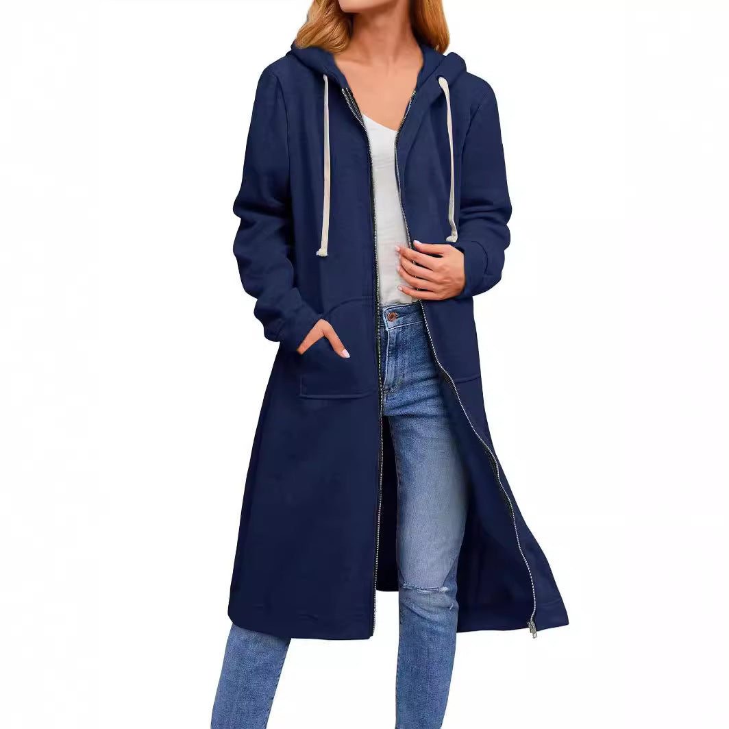 Damen Langer Kapuzen-Sweatmantel mit Zwei-Wege-Reißverschluss und Kängurutaschen Shop Nory
