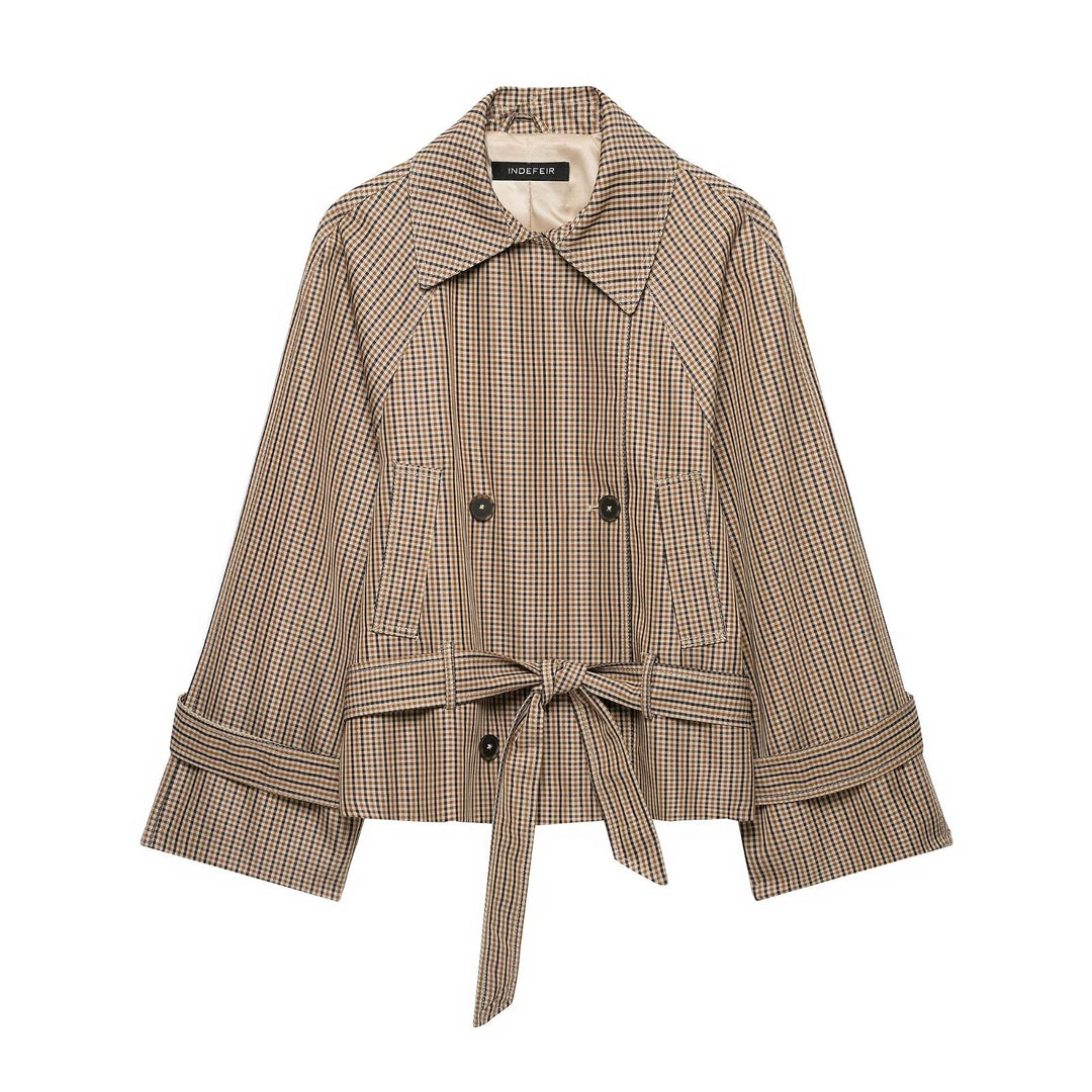 Damen Kurz-Trenchjacke im Glencheck mit kastiger Silhouette, Bindegürtel und Raglanärmeln Shop Nory