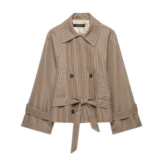 Damen Kurz-Trenchjacke im Glencheck mit kastiger Silhouette, Bindegürtel und Raglanärmeln Shop Nory