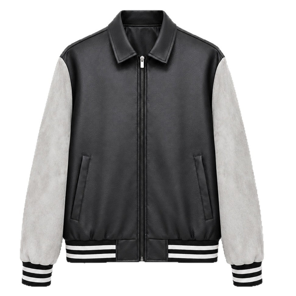 Herren Retro Letterman‑Bomber mit glattem Kunstlederkörper und Veloursärmmel-Detail Shop Nory