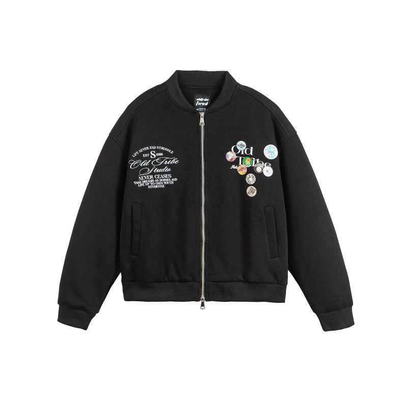 Unisex Boxy‑Sweatjacke mit durchgehendem Reißverschluss, Badge‑Applikationen und geripptem Saum Shop Nory