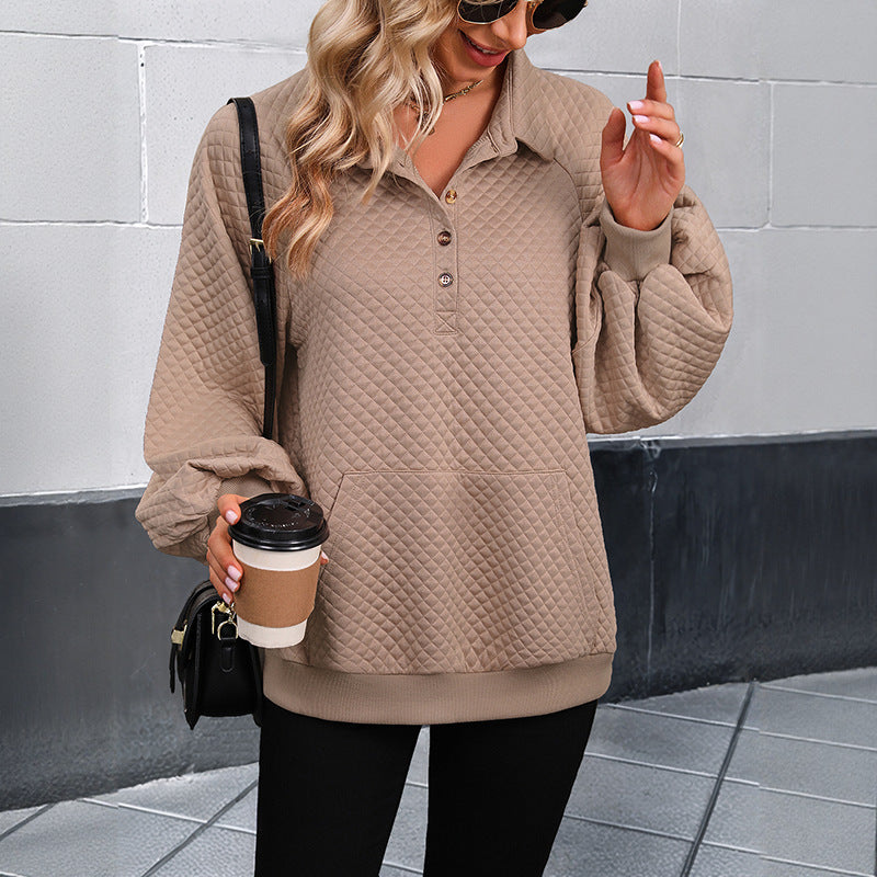 Damen Stepp-Polo-Sweatshirt mit Knopfleiste, Kängurutasche und Balloon-Ärmeln Shop Nory