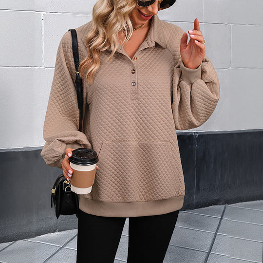 Damen Stepp-Polo-Sweatshirt mit Knopfleiste, Kängurutasche und Balloon-Ärmeln Shop Nory