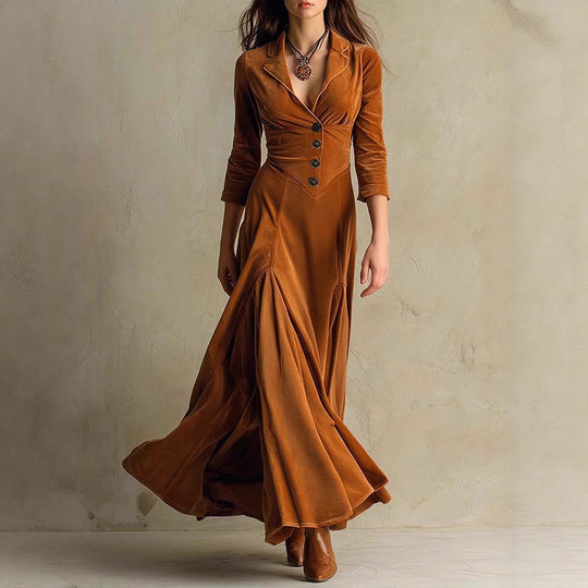 Damen Samt-Midaxi-Kleid mit tailliertem Sakko-Oberteil, V-Ausschnitt und weitem Stufenrock Shop Nory