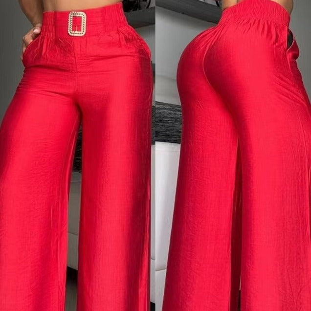 Damen Weite Palazzo-Hose mit hochtailliertem Bund und dekorativem Gürtel