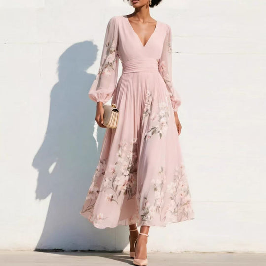 Damen Chiffon-Midikleid mit V‑Ausschnitt, geraffter Taille und floralem Plissee-Rock Shop Nory