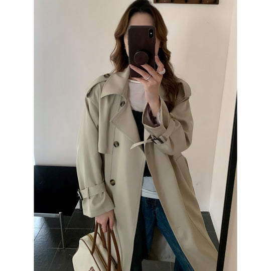 Damen Langer Trenchcoat mit Hochkragen, doppelter Sturmklappe und verstellbaren Manschetten Shop Nory