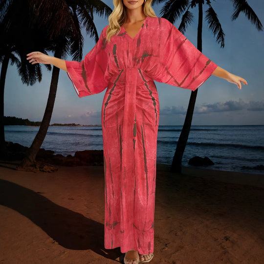 Damen Fließendes Maxikleid mit V‑Ausschnitt, Wickeloptik und dekorativem Taillenband Shop Nory