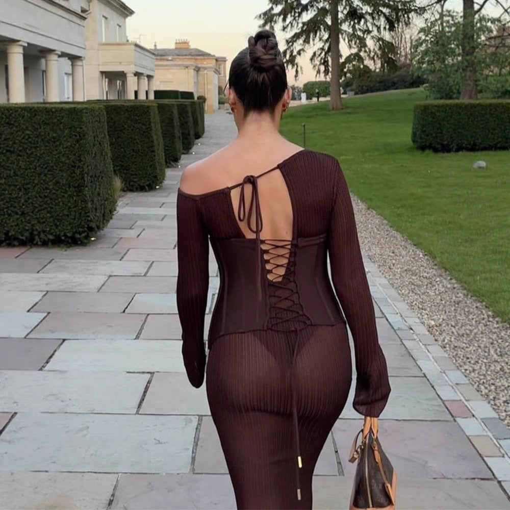 Damen One-Shoulder Maxikleid mit formendem Korsettbund und Rippstrick Shop Nory