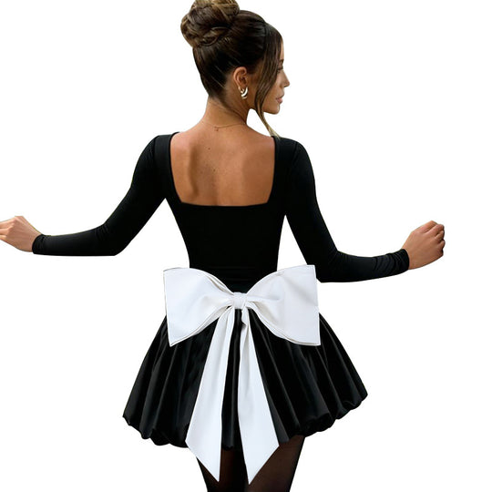 Damen Tailliertes Langarm-Minikleid mit eckigem Ausschnitt, V‑Taillennaht und Ballonrock Shop Nory