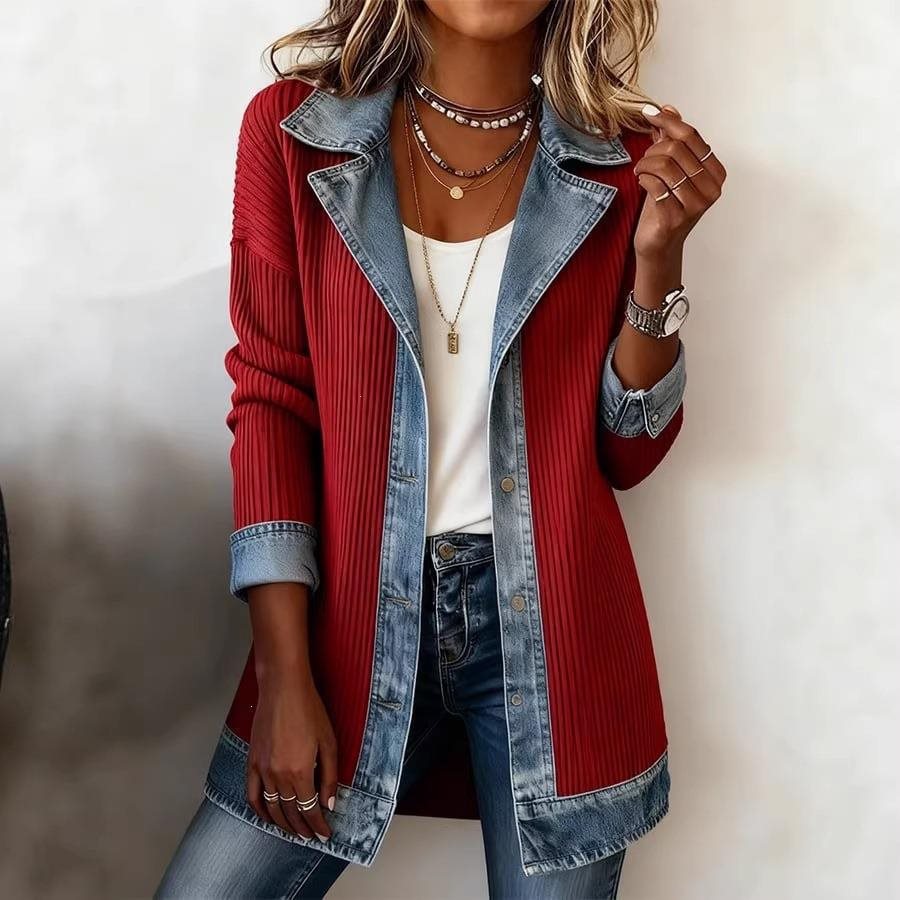 Damen Longline-Strickcardigan mit Jeanskragen und Saumbesatz Shop Nory