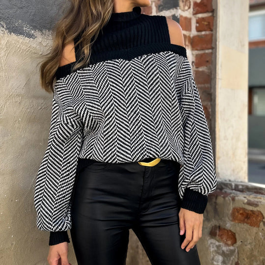 Damen Verspielter Strickpullover mit Schulterfreies Design Shop Nory