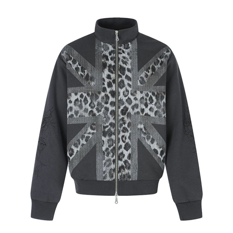 Damen Zip-Sweatjacke mit Stehkragen und Leoparden‑Union‑Jack‑Print Shop Nory