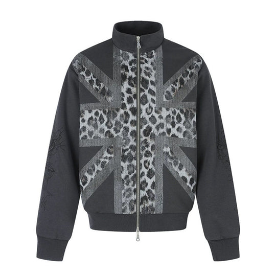 Damen Zip-Sweatjacke mit Stehkragen und Leoparden‑Union‑Jack‑Print Shop Nory