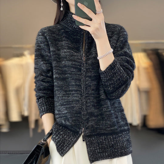 Damen Reißverschluss‑Strickjacke mit melierter Struktur und Stehkragen Shop Nory