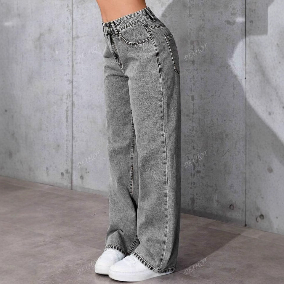 Damen Weit geschnittene Jeans mit kräftigen Kontrastnähten und verspielt gestickten Taschen