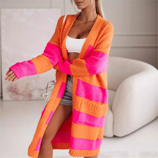 Damen lässiger Strickmantel mit großen Streifen
