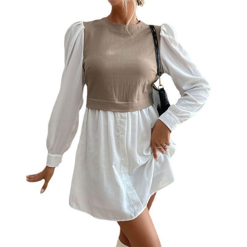 Damen Hemdblusenkleid mit eingesetzter kurzgeschnittener Weste, Puffärmeln und taillierter Silhouette Shop Nory