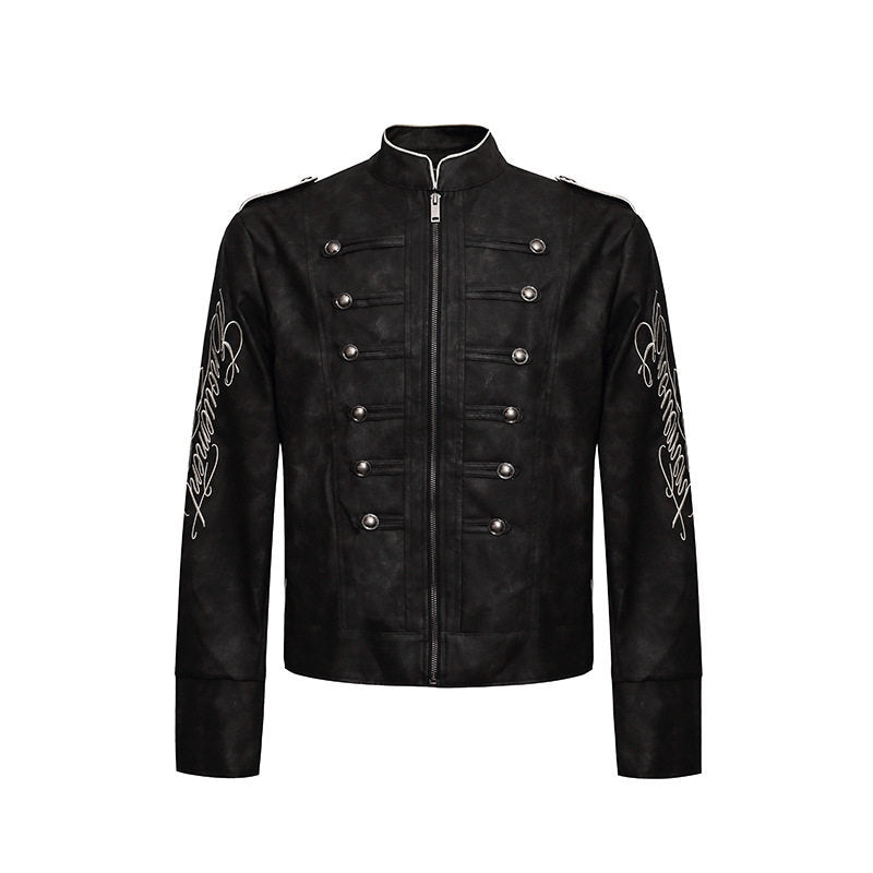 Herren Military-inspirierte Lederjacke mit Stehkragen, Zierknopfreihen und bestickten Ärmeln Shop Nory