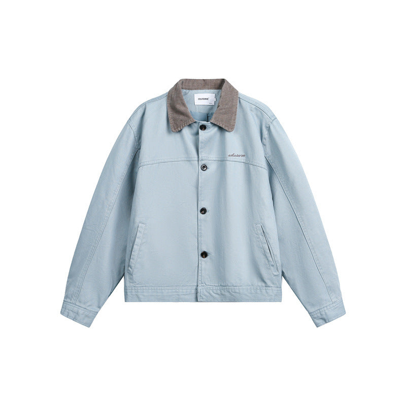 Unisex Kurz geschnittener Boxy-Jeansblouson mit Cordkragen und Eingrifftaschen Shop Nory