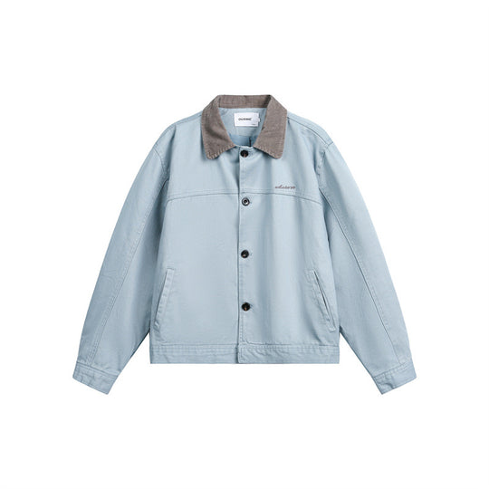 Unisex Kurz geschnittener Boxy-Jeansblouson mit Cordkragen und Eingrifftaschen Shop Nory