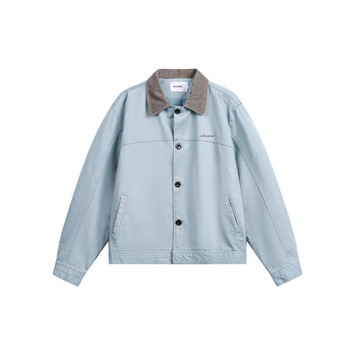 Unisex Kurz geschnittener Boxy-Jeansblouson mit Cordkragen und Eingrifftaschen Shop Nory