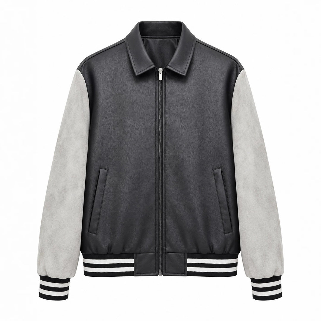 Herren Retro Letterman‑Bomber mit glattem Kunstlederkörper und Veloursärmmel-Detail Shop Nory
