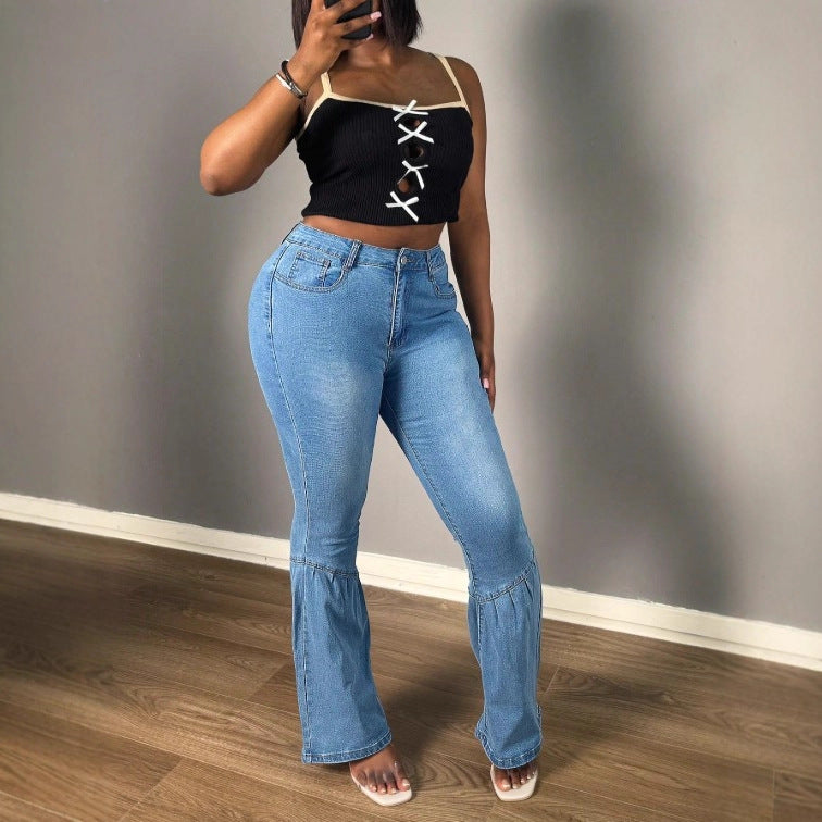 Damen Hochtaillierte Denim-Jeans mit stufenweisem Volant‑Flare und sculptendem Schnitt Shop Nory