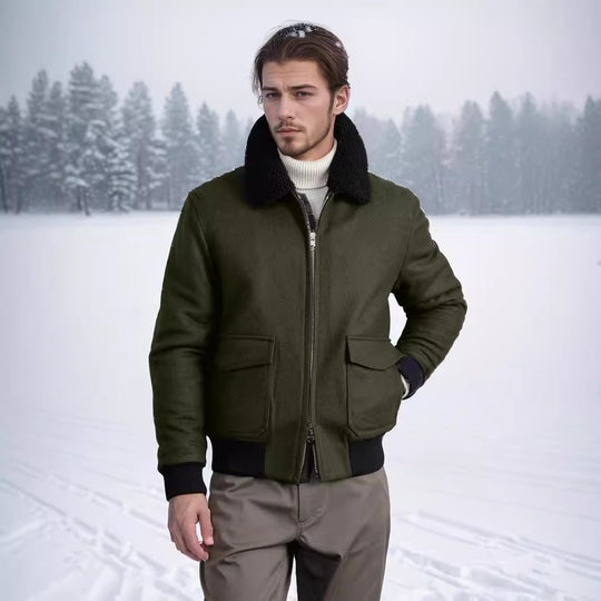 Herren Pilotjacke im Fliegerstil mit Teddykragen, Zwei‑Wege‑Reißverschluss und aufgesetzten Klappentaschen Shop Nory