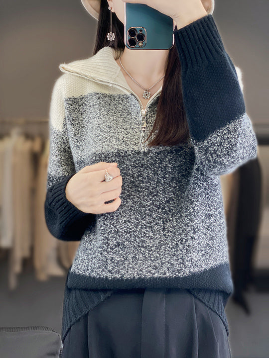 Damen Oversize-Strickpullover mit halbem Zip, meliertem Blockstreifen und weichem Flor Shop Nory