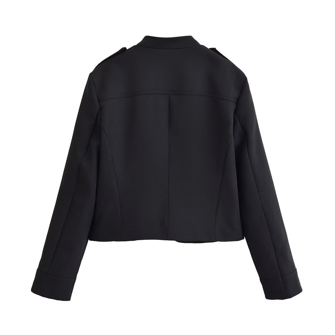 Damen taillierte Kurzjacke im Militärstil mit dekorativer Doppelknopfleiste, Reißverschluss und Schulterpatten Shop Nory