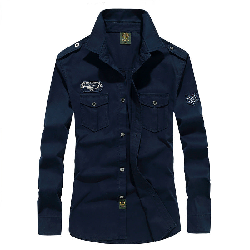Herren Military-Utility Langarm-Canvashemd mit Brustpattentaschen und Schulterepauletten Shop Nory
