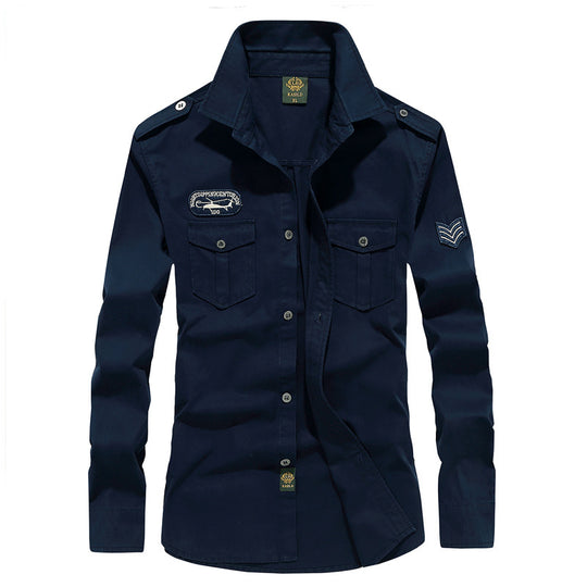 Herren Military-Utility Langarm-Canvashemd mit Brustpattentaschen und Schulterepauletten Shop Nory