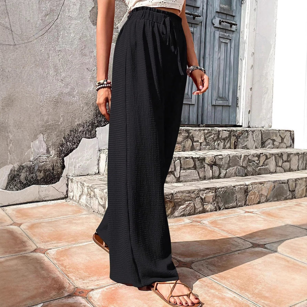 Damen Leichte Palazzo-Loungehose mit strukturierter Crinkle-Optik, hohem Gummibund und Kordelzug Shop Nory