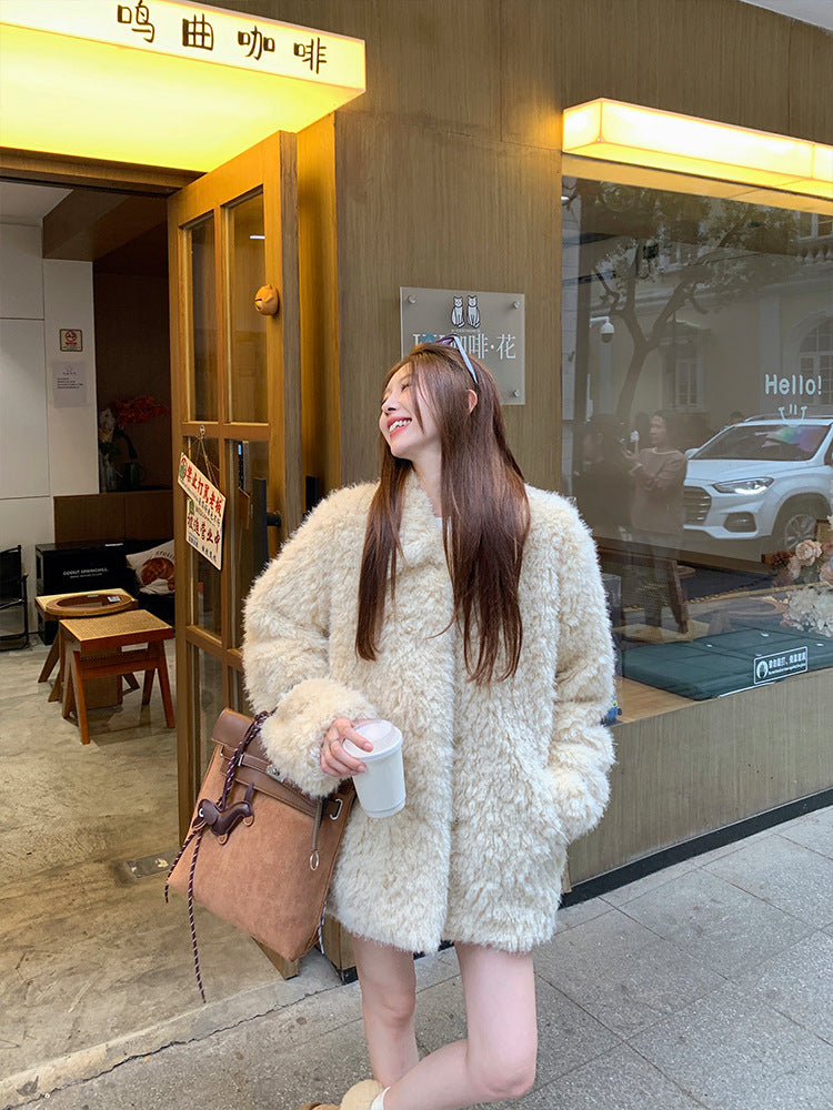 Damen Oversized Kunstfell‑Mantel mit Teddy‑Optik, Stehkragen und Eingrifftaschen Shop Nory