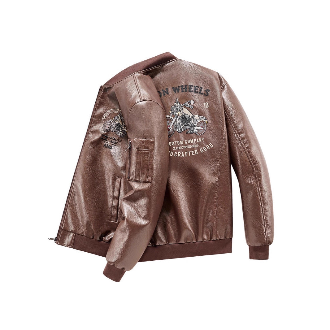Herren Kunstleder‑Bomberjacke mit wärmender Fleece‑Innenfütterung, Motorrad‑Stickerei und Ärmeltasche Shop Nory