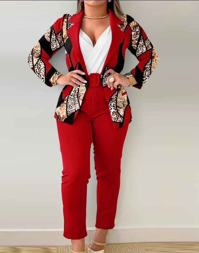 Damen Tailoring-Set mit Animal-Print-Revers, tailliertem Gürtelblazer und High‑Waist-Slimhose Shop Nory