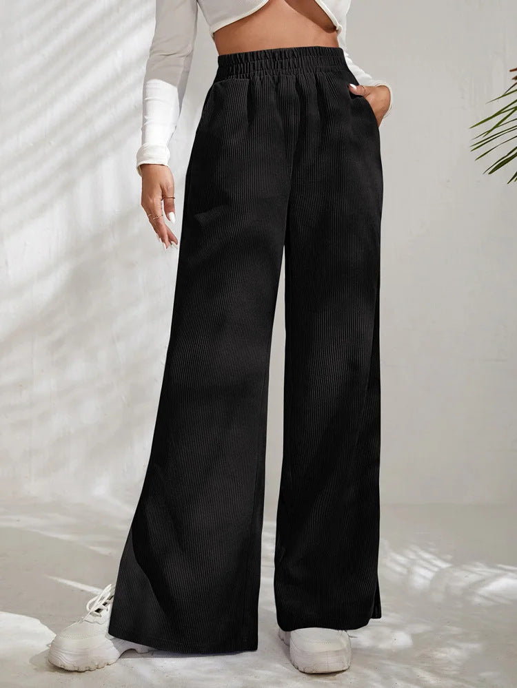 Damen Weite High‑Waist Cordoptik-Loungehose mit elastischem Bund und Seitenschlitzen Shop Nory