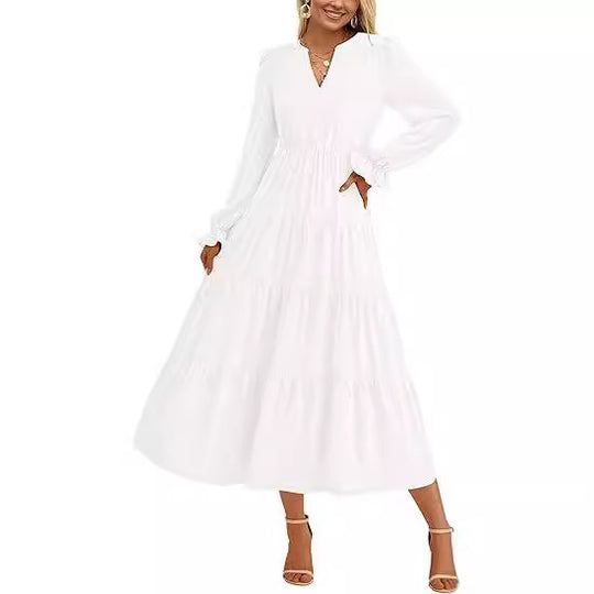 Damen Stufiges Midikleid mit V-Ausschnitt, geraffter Taillennaht und Rüschenmanschetten Shop Nory