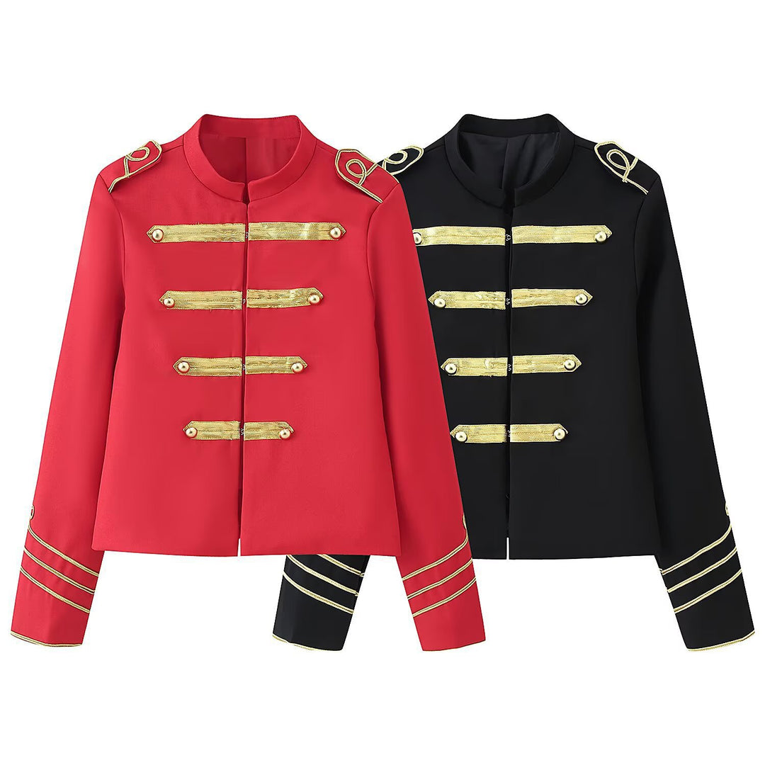 Damen Gekürzte Militärjacke mit goldbestickten Galons und Stehkragen Shop Nory