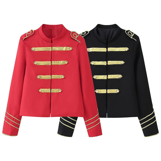 Damen Gekürzte Militärjacke mit goldbestickten Galons und Stehkragen Shop Nory