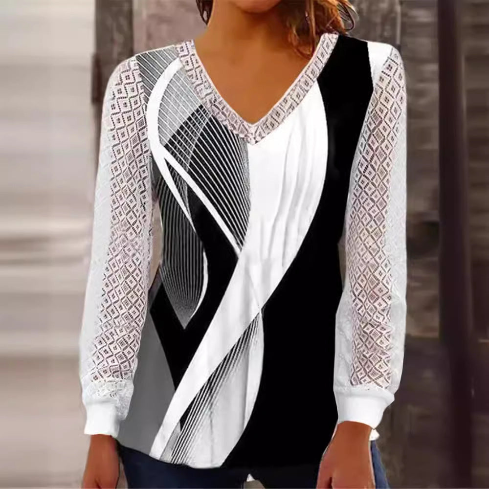 Damen V-Ausschnitt Bluse mit abstraktem Grafikprint und Spitzenärmeln Shop Nory