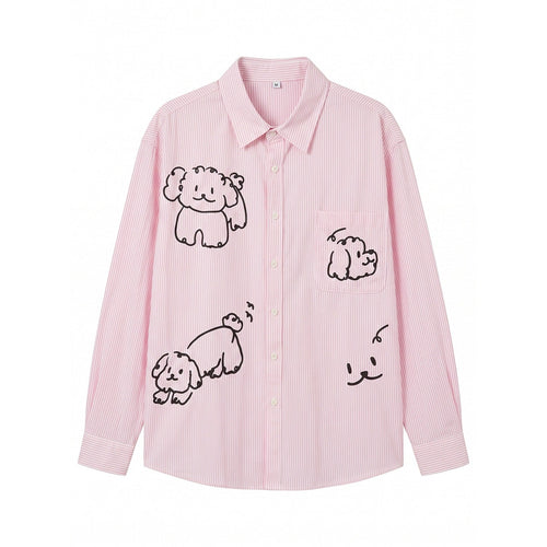 Damen Gestreifte Oversize-Hemdbluse mit Hundedoodle-Prints und Brusttasche Shop Nory