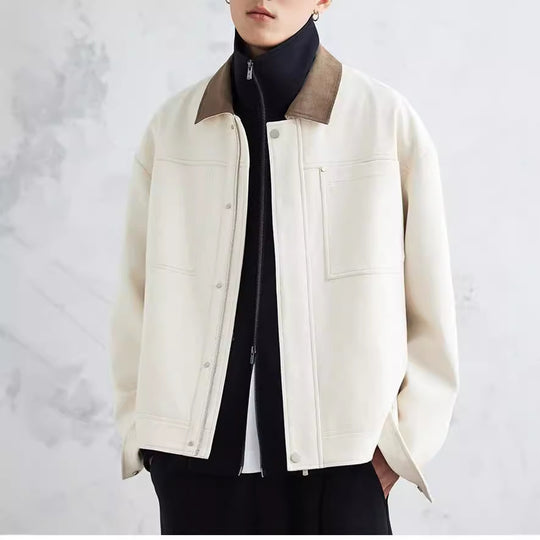 Herren Boxy-Zipjacke aus strukturiertem Baumwollmix mit Lederkragen und verdeckter Druckknopfblende Shop Nory