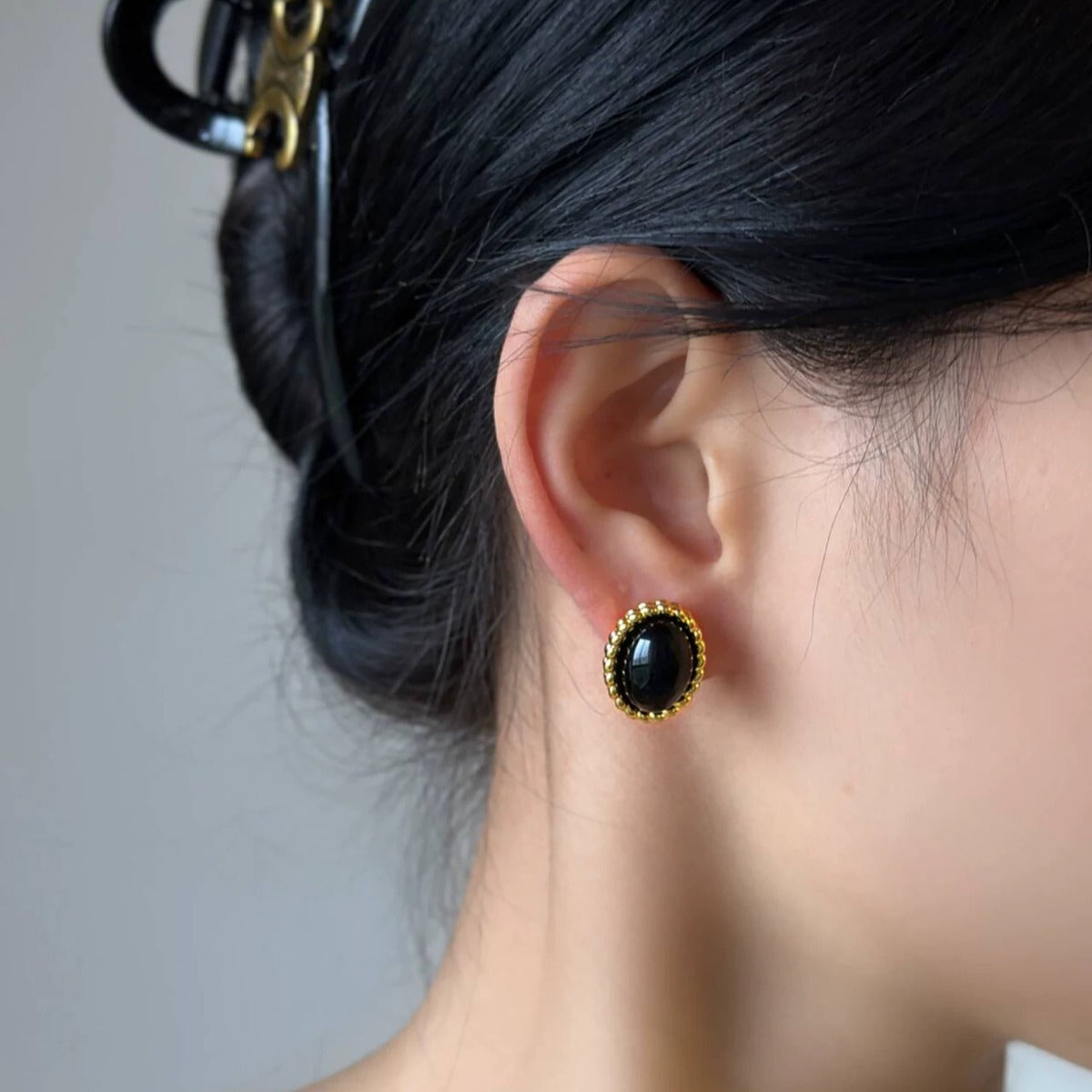 Damen Elegante Ovale Schwarze Stein Ohrstecker Shop Nory