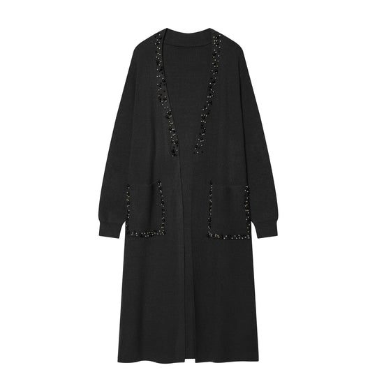 Damen lange offene Strickjacke mit Perlenbesatz und aufgesetzten Taschen Shop Nory