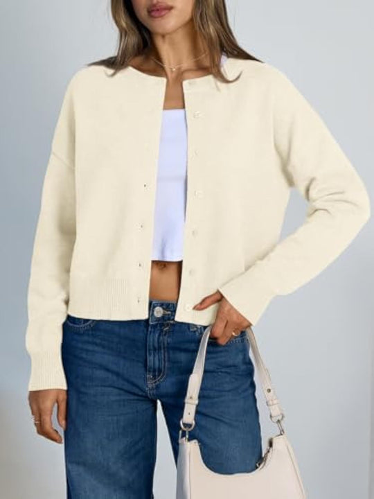 Damen Cropped Strickjacke im Boxy‑Schnitt mit Rundhals und Rippbündchen Shop Nory
