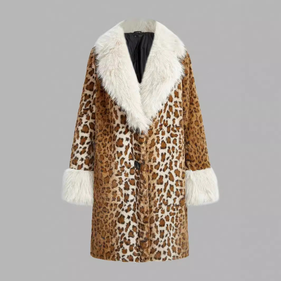 Damen Midilanger Kunstpelzmantel mit kontrastierendem Hochflor‑Schalkragen und Leopardenprint Shop Nory