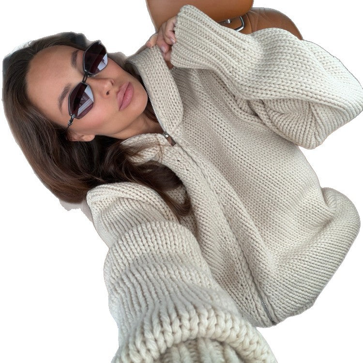 Damen Grobstrick-Zip-Cardigan mit hohem Kragen Shop Nory